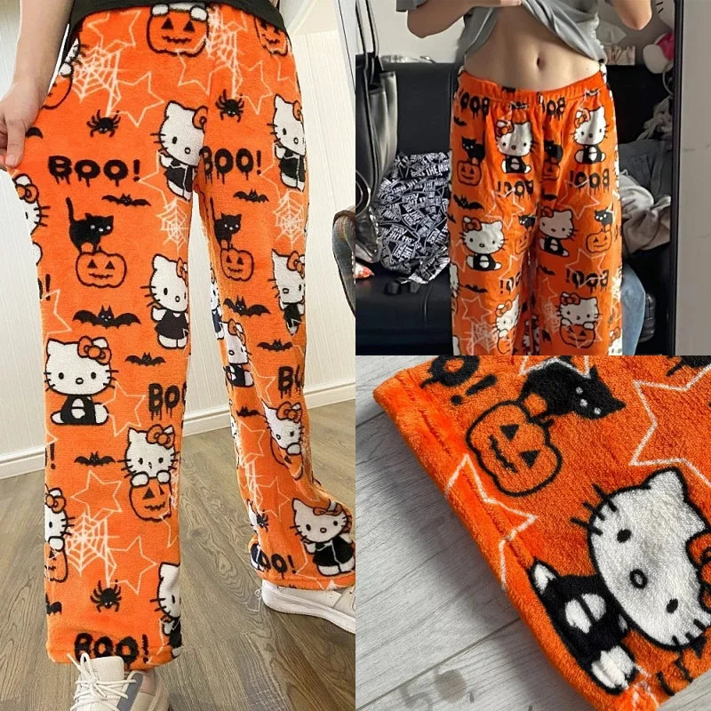 Anime Sanrioed Hellokitty Y2K Sanrioed Pajamas Pants Women Pjs Halloween Household Dress Kawaii Woolen Cartoon Casual Home Pants